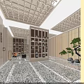 Elegant Hotel Corridor With Traditional Wooden Ceiling Decorative Columns And Potted Plants