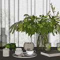 Decorative Ornament Set With Greenery White Flowers Glass Vase Lime Cups Candles And Ceramic Pot