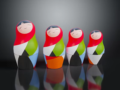 Modern Wooden Table With Four Colorful Matryoshka Dolls In Red Green White And Orange Design 3d model