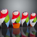 Modern Wooden Table With Four Colorful Matryoshka Dolls In Red Green White And Orange Design