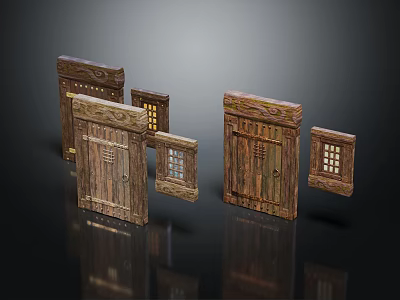 Traditional Wooden Furniture Doors And Windows Featuring Carved Patterns And Lattice Designs 3d model