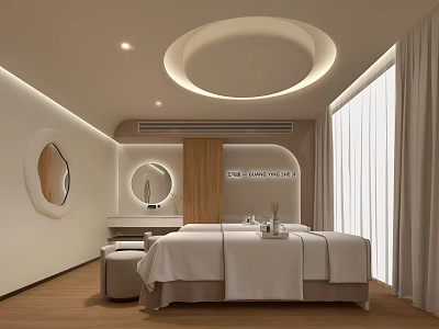 SPA Sauna Interior Design With Massage Bed Round Mirrors Wooden Accents And Soft Lighting 3d model