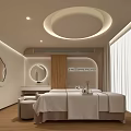 SPA Sauna Interior Design With Massage Bed Round Mirrors Wooden Accents And Soft Lighting