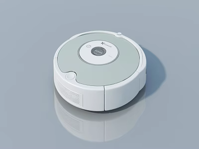 White And Gray Circular Robot Vacuum Cleaner With Brand Logo On Gray Background 3d model