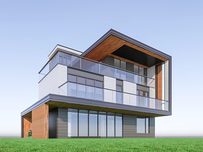 Modern Style Detached Villa With Large Glass Windows Wooden Gray Exterior Balcony And Green Lawn 3d model