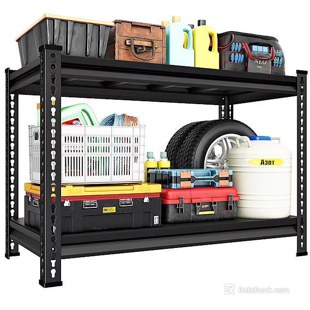 Black Metal Storage Shelf With Toolboxes Tire Plastic Crates And Water Container 3d model