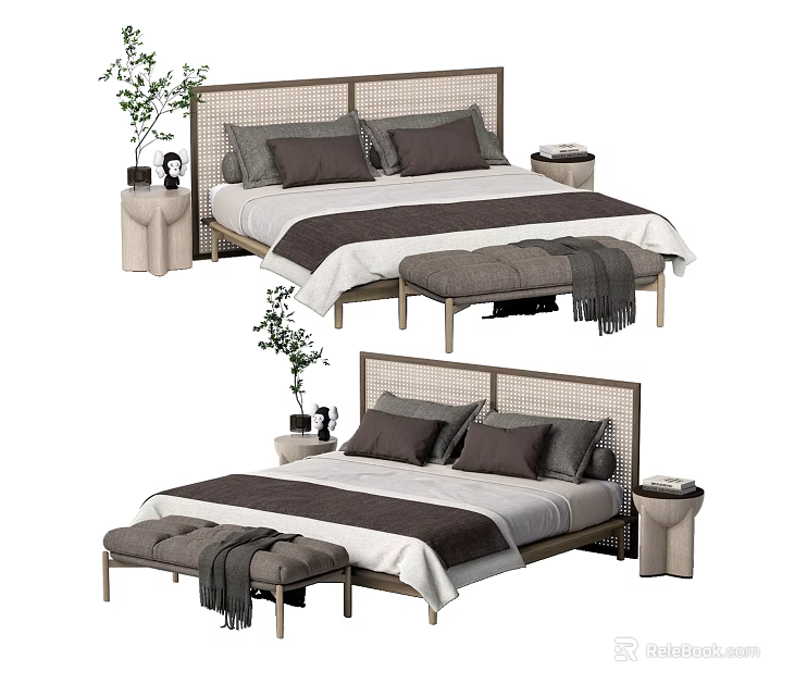 Double Bed with Wicker Headboard Gray Pillows Bed Bench and Nightstand with Plants 3d model 