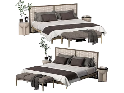 Double Bed with Wicker Headboard Gray Pillows Bed Bench and Nightstand with Plants 3d model