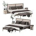 Double Bed with Wicker Headboard Gray Pillows Bed Bench and Nightstand with Plants 3d model