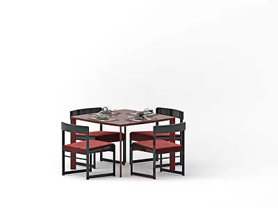 Square Dining Table Set With Four Chairs Red Seat Cushions Dark Frame 3d model