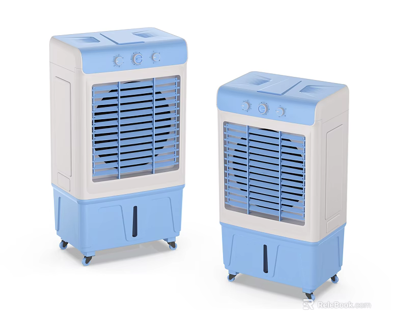 Portable Blue and White Air Cooler Fans With Front Grilles Top Control Panels and Wheels 3d model 