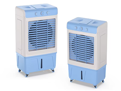 Portable Blue and White Air Cooler Fans With Front Grilles Top Control Panels and Wheels 3d model