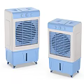 Portable Blue and White Air Cooler Fans With Front Grilles Top Control Panels and Wheels