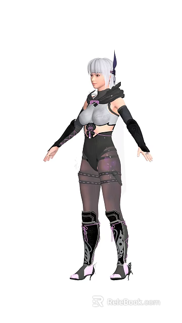 Female Game Movie Character In Black Purple Combat Outfit With Leather Straps And Armor Details 3d model 