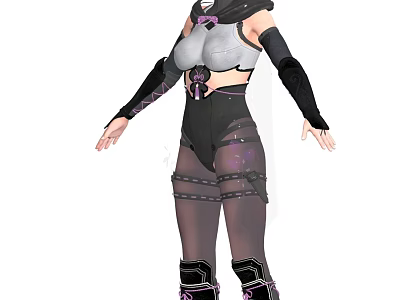 Female Game Movie Character In Black Purple Combat Outfit With Leather Straps And Armor Details 3d model
