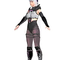Female Game Movie Character In Black Purple Combat Outfit With Leather Straps And Armor Details