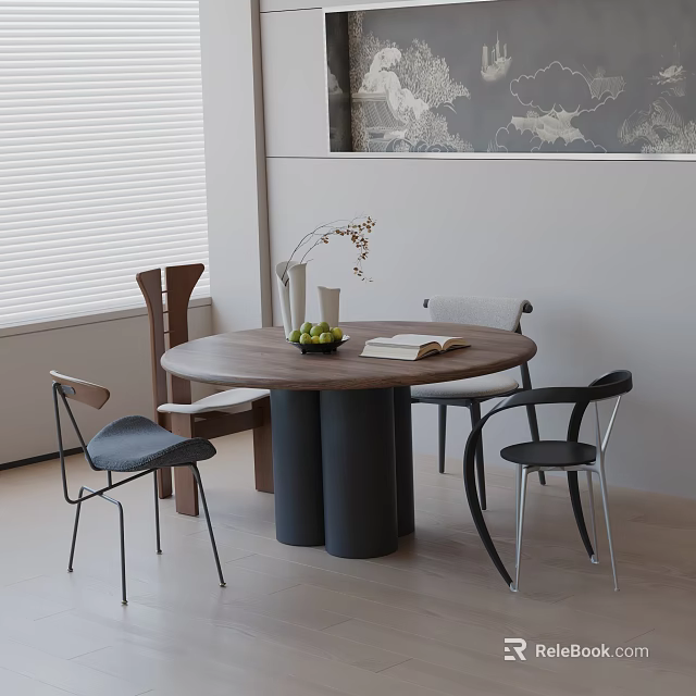 Round Wooden Dining Table Set with Mixed Style Chairs Vase and Fruits in Modern Interior 3d model 