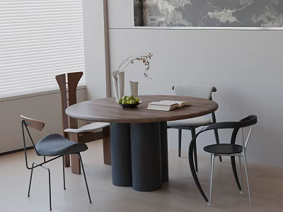 Round Wooden Dining Table Set with Mixed Style Chairs Vase and Fruits in Modern Interior 3d model