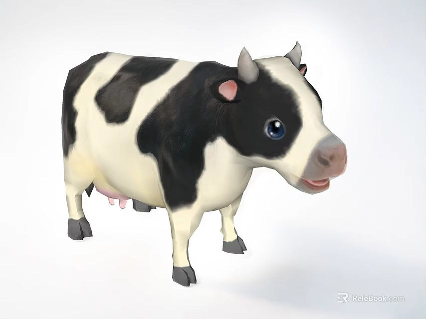 Cute Black And White Cow Doll With Big Blue Eyes Pink Ears And Standing Pose 3d model 