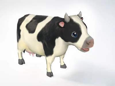 Cute Black And White Cow Doll With Big Blue Eyes Pink Ears And Standing Pose 3d model