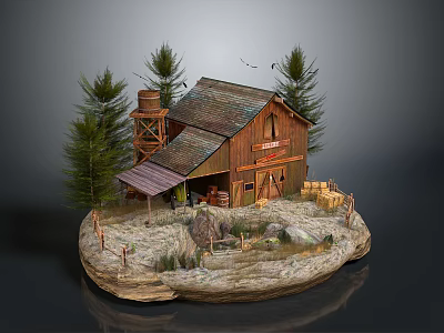 Cartoon Scene With Wooden Barn Pine Trees Water Tower Stones Hay And Fence 3d model