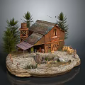 Cartoon Scene With Wooden Barn Pine Trees Water Tower Stones Hay And Fence