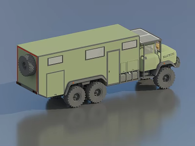 Green Military Truck Camper With Multiple Wheels Cargo Area Windows And Doors 3d model