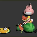 Game Movie Character Pink Cat with Yellow Outfit Holding Watermelon Slice Sitting on Green Object