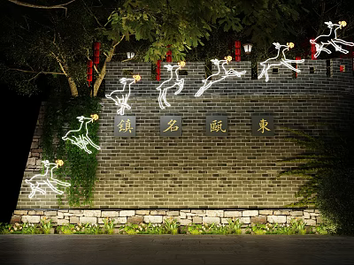 Scenic Night View of Zhenming Fandong Brick Wall With Illuminated Deer Decorations and Green Plants 3d model