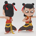 Cute Cartoon Characters In Martial Arts Poses With Double Buns Red Ribbons Red Tops Black Pants Flame Patterns