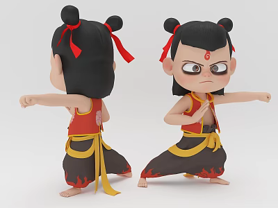 Cute Cartoon Characters In Martial Arts Poses With Double Buns Red Ribbons Red Tops Black Pants Flame Patterns 3d model
