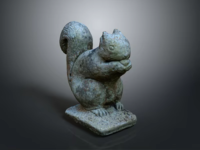 Carved Stone Squirrel Sculpture Holding Nut On Square Base With Weathered Texture 3d model
