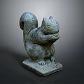 Carved Stone Squirrel Sculpture Holding Nut On Square Base With Weathered Texture 3d model