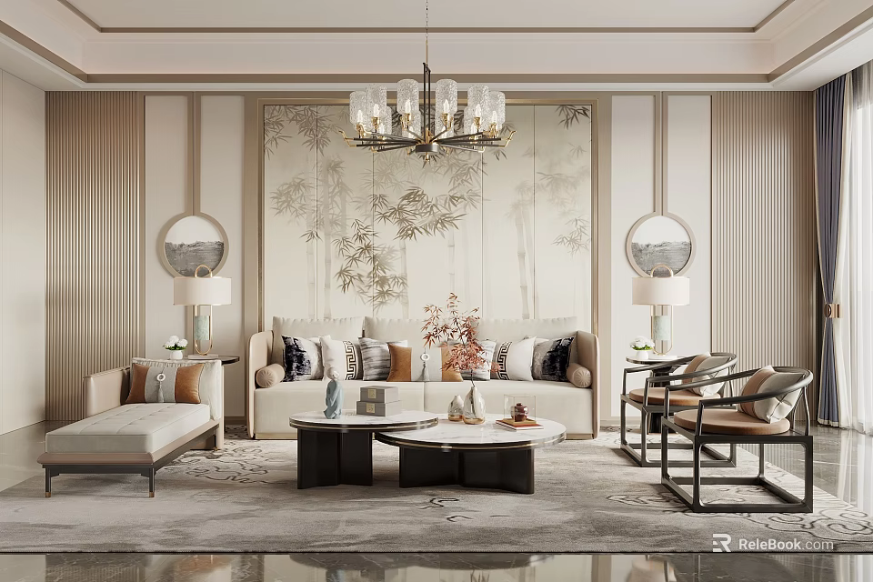 Elegant Modern Living Room Interior With Sofa Chandelier And Artistic Wall Decor 3d model 