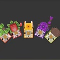 Colorful Fruit Themed Minecraft Style Drink Bottles On Wooden Stands With Transparent Design