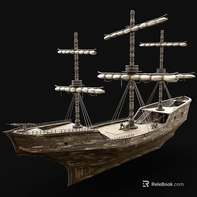 Vintage Wooden Sailing Ship with Multiple Masts White Sails and Detailed Deck Structure 3d model 