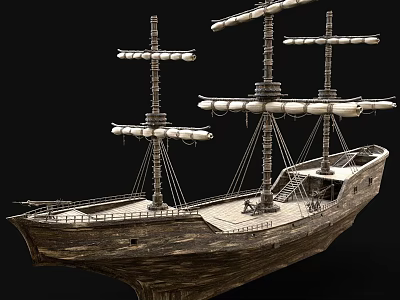 Vintage Wooden Sailing Ship with Multiple Masts White Sails and Detailed Deck Structure 3d model