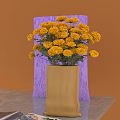 Yellow Chrysanthemums Arranged in Yellow Ceramic Vase on Table with Orange Background 3d model
