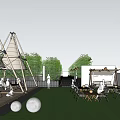 Outdoor Leisure Area With Tent Like Structures Grass Lawn Round Lights And Seating