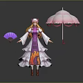 Female Character In Purple White Dress With Hat Purple Fan Pink Umbrella And Flame Patterns
