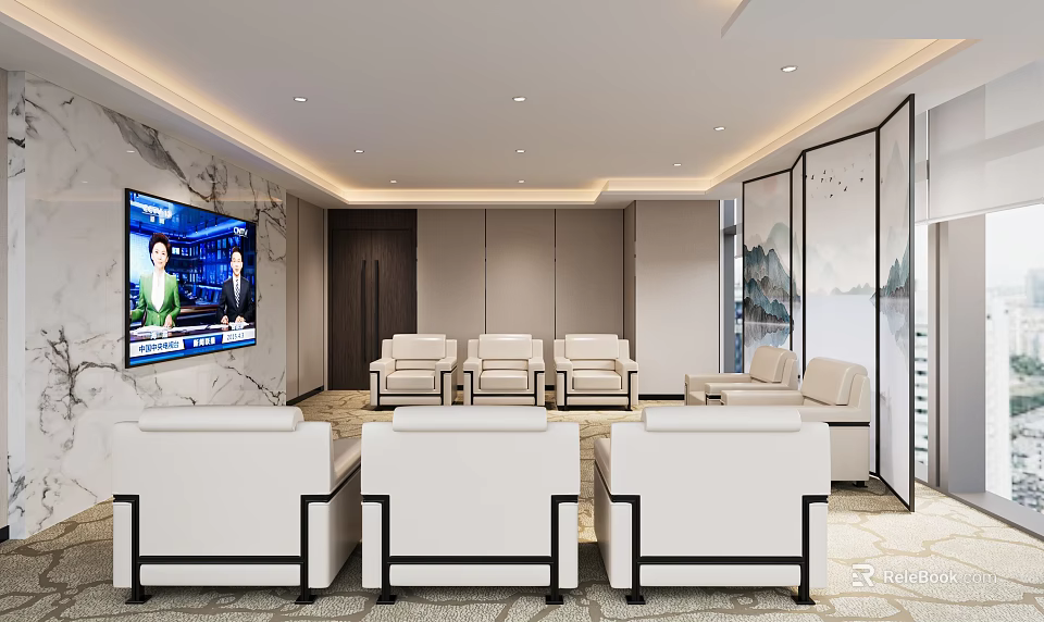 Modern Hotel Public Lounge With White Sofas TV Screen And Decorative Paintings 3d model 
