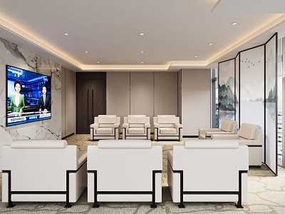 Modern Hotel Public Lounge With White Sofas TV Screen And Decorative Paintings 3d model