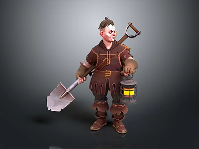 Detailed 3D Character Sculpture of Worker with Shovel and Lantern in Brown Outfit 3d model