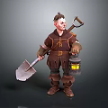Detailed 3D Character Sculpture of Worker with Shovel and Lantern in Brown Outfit