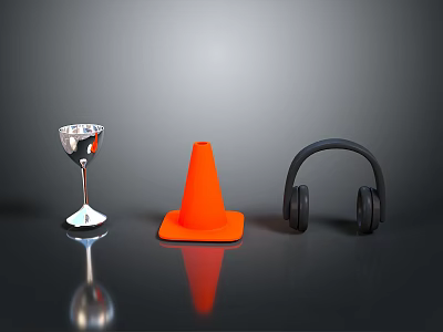 Everyday Living Items Featuring Silver Cocktail Glass Orange Traffic Cone And Black Headphones 3d model