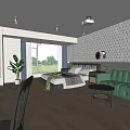 Elegant Modern Hotel Room Featuring Green Sofa Bed Geometric Pattern Wall And Wooden Flooring