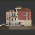 European Building Model with Red Roofs Colorful Walls Arched Windows and Small Balconies