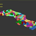 3D Terrain Model Featuring Green Vegetation Blue Water Regions and Irregular Shape on Dark Background
