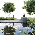 Serene Water Fountain With Lily Pads Water Lilies Stone Path And Greenery