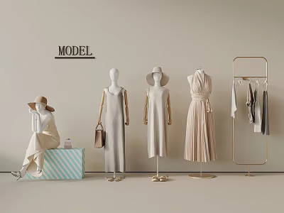 Elegant Fashion Display With Mannequins In Beige Dresses Clothing Rack And Hanging Clothes 3d model